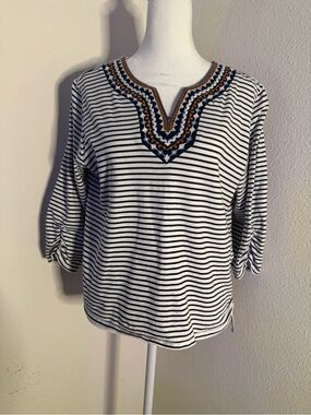 Alfred Dunner Lady Liberty Embroidered Neck Striped Side Tie Top Size PM